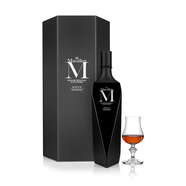 the macallan m blavck whisky bottle and box and glass