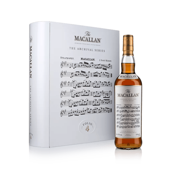 The Macallan Archival Series Folio 4 Pack Angled and Bottle Shot