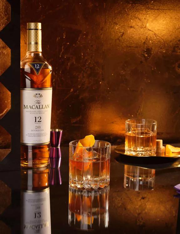 the macallan double cask 12 old fashioned serve bottle and glasses
