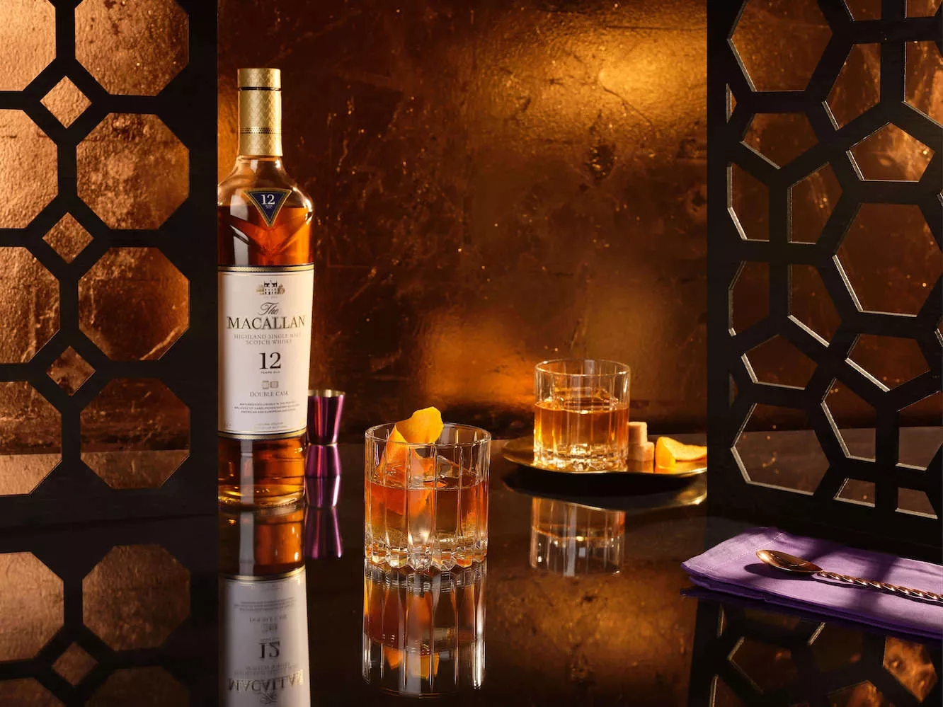 the macallan double cask 12 old fashioned serve bottle and glasses