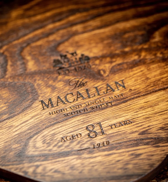 The Macallan The Reach 81 year old Whisky wooden pack logo