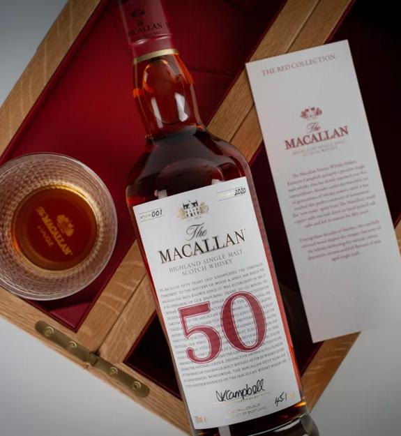 The Macallan red collection 50 year old whisky bottle and glass in box shot from above