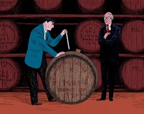 The Macallan Red Collection whisky barrels and men illustration