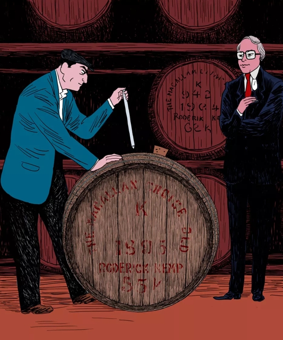 The Macallan Red Collection whisky barrels and men illustration