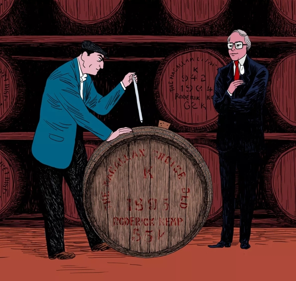 The Macallan Red Collection whisky barrels and men illustration
