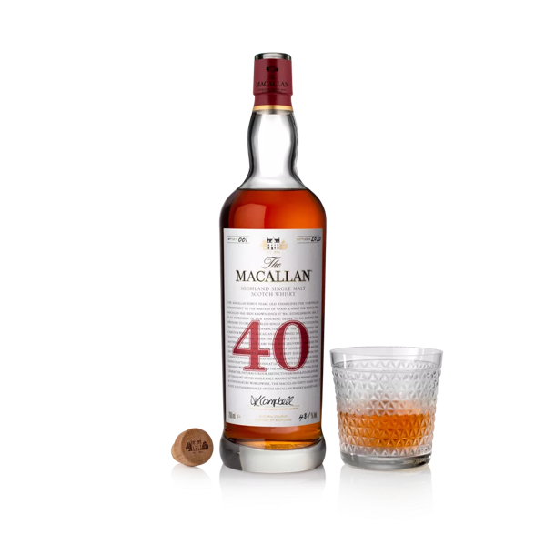 The Macallan Red Collection 40 year old whisky bottle and glass