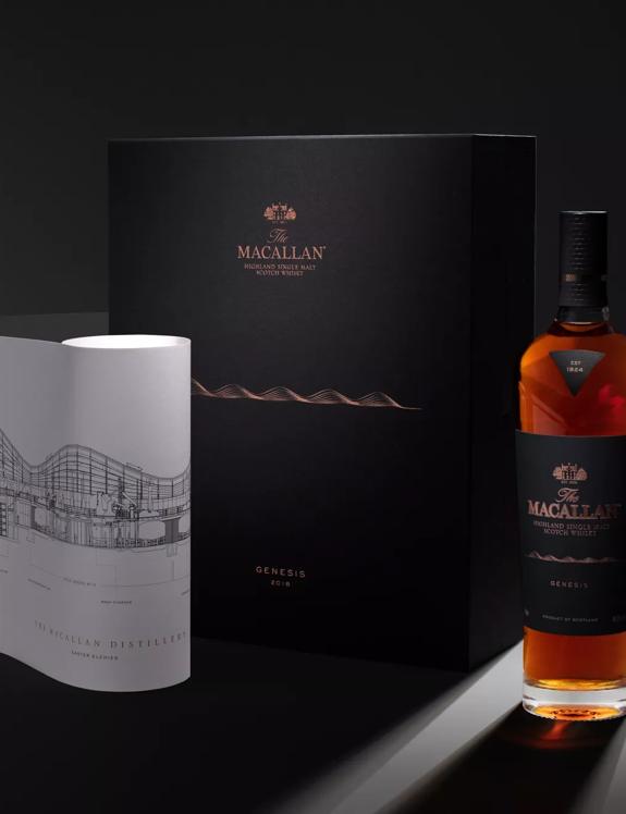 the macallan genesis whisky bottle pack and print