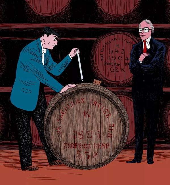 The Macallan Red Collection Illustrations of Men Testing Whisky from The Barrell 